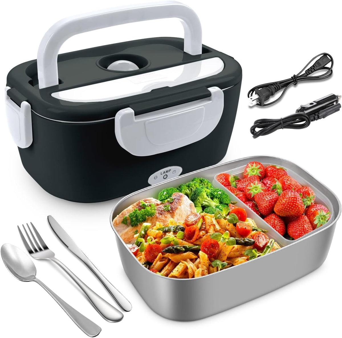 Dark green electric lunch box with removable stainless steel container, fork, spoon and car adapter