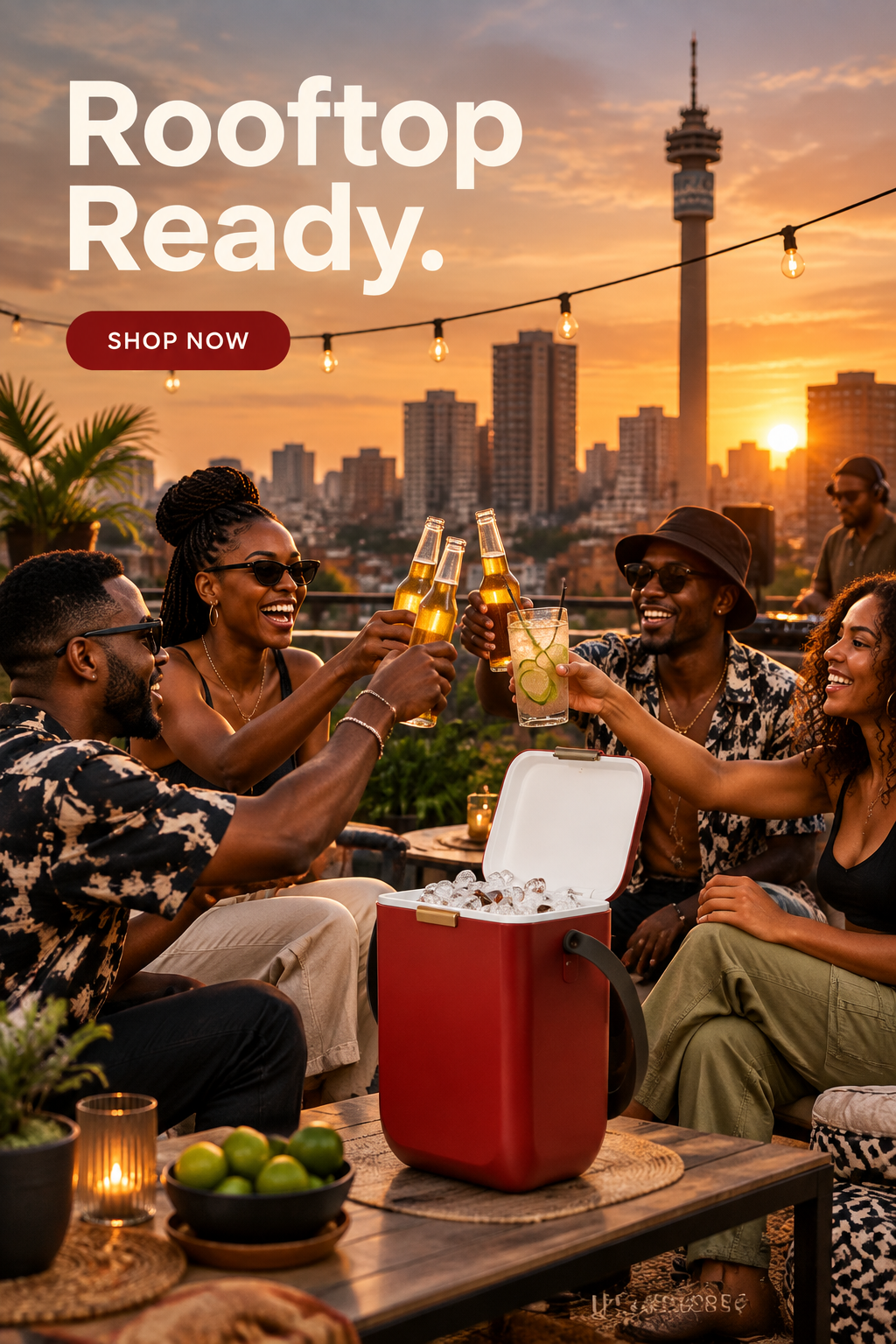 Red cooler at a Joburg rooftop party