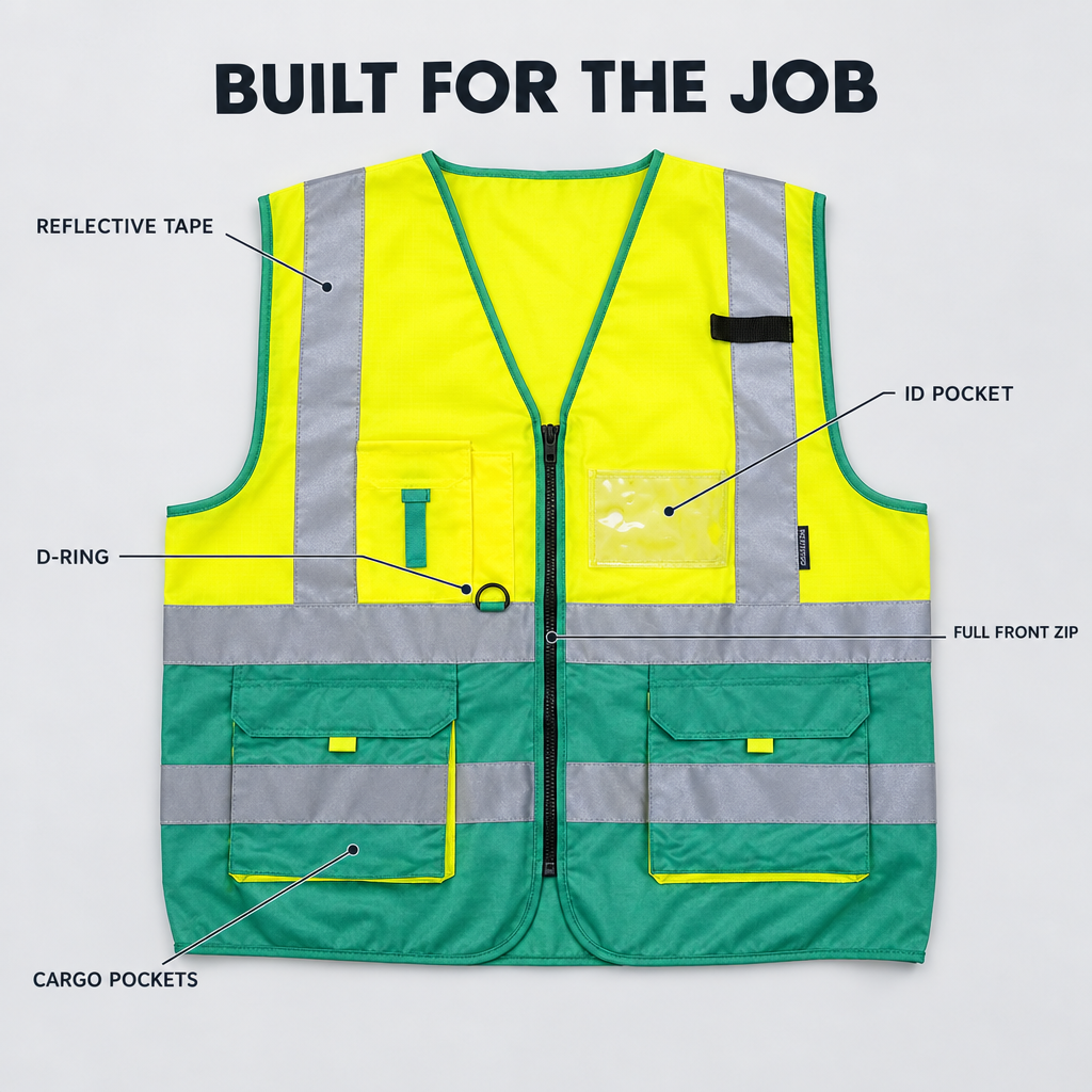Safety vest feature callout infographic