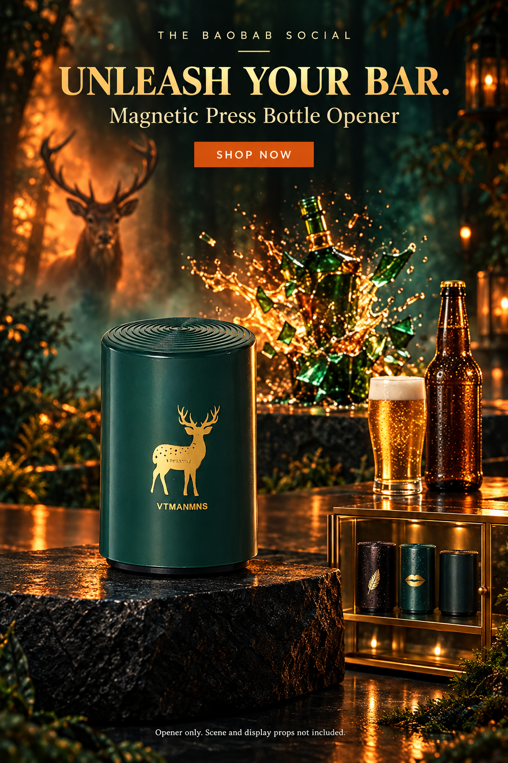 Wild forest bar campaign with stag opener, shattered green bottle and deer cameo