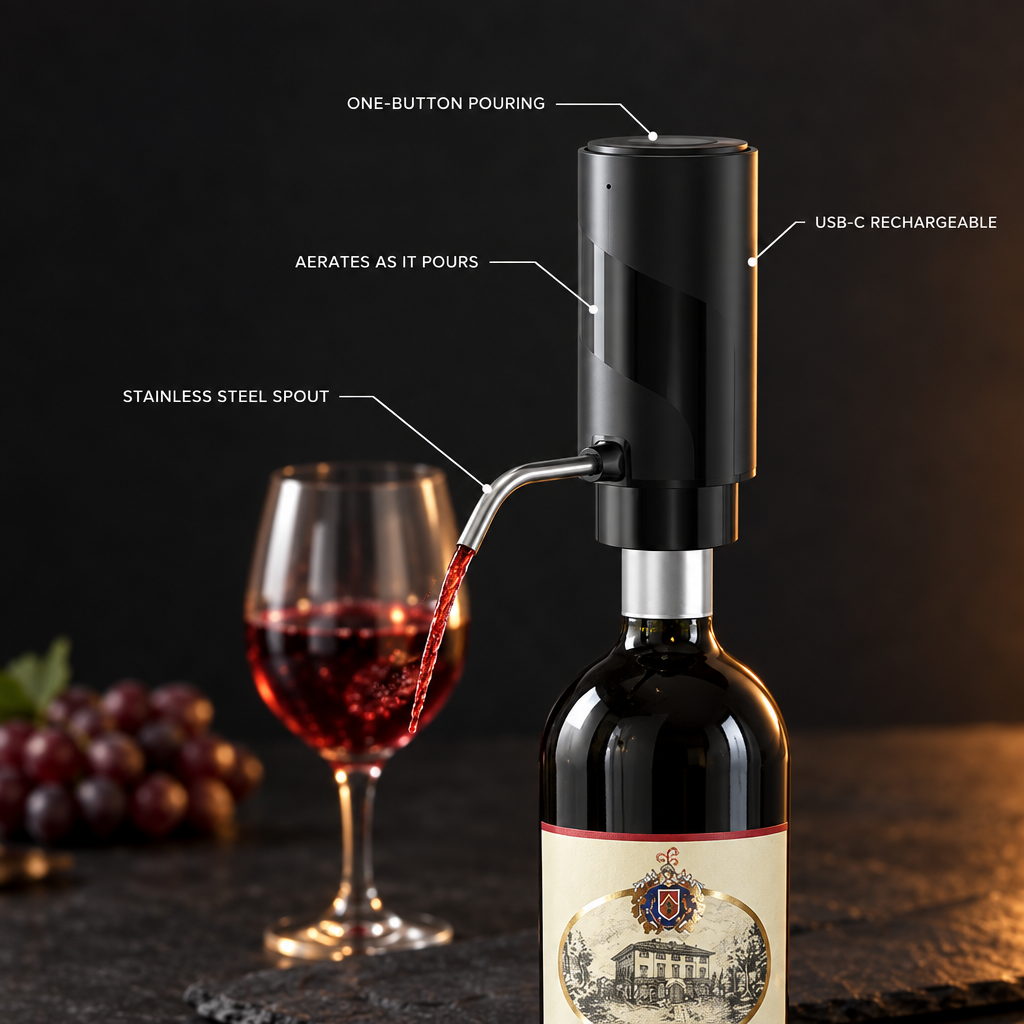 Wine aerator feature callout infographic